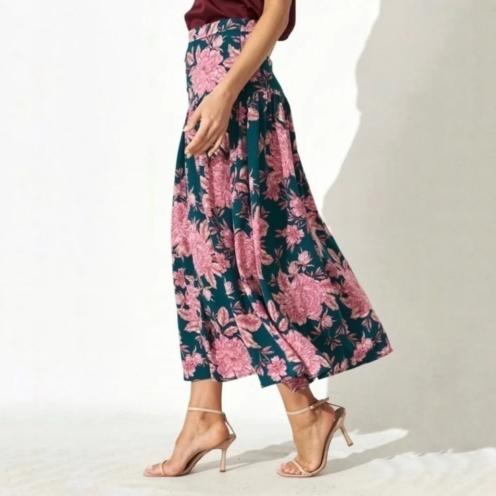 Abel The Label Bonnie Floral Boho Yoke Maxi Skirt Teal Pink Large